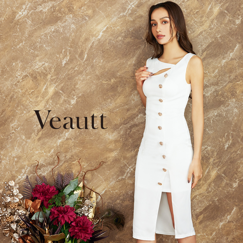 【Veautt/ヴュート】ボタンレイヤー ドスリットノースリーブ　アシンメトリーひざ丈ドレスのメイン画像1