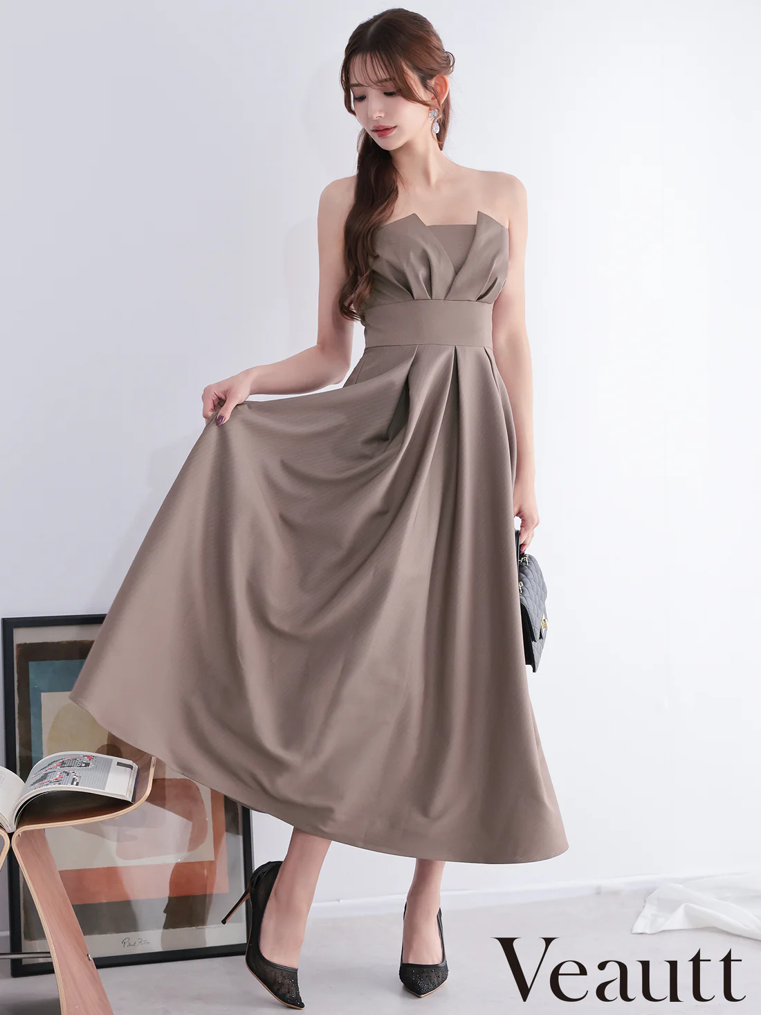 2way ベアトップ キャミソール バストタック ウエストマーク プリーツ エレガント ワンカラー Aラインロングドレスのメイン画像