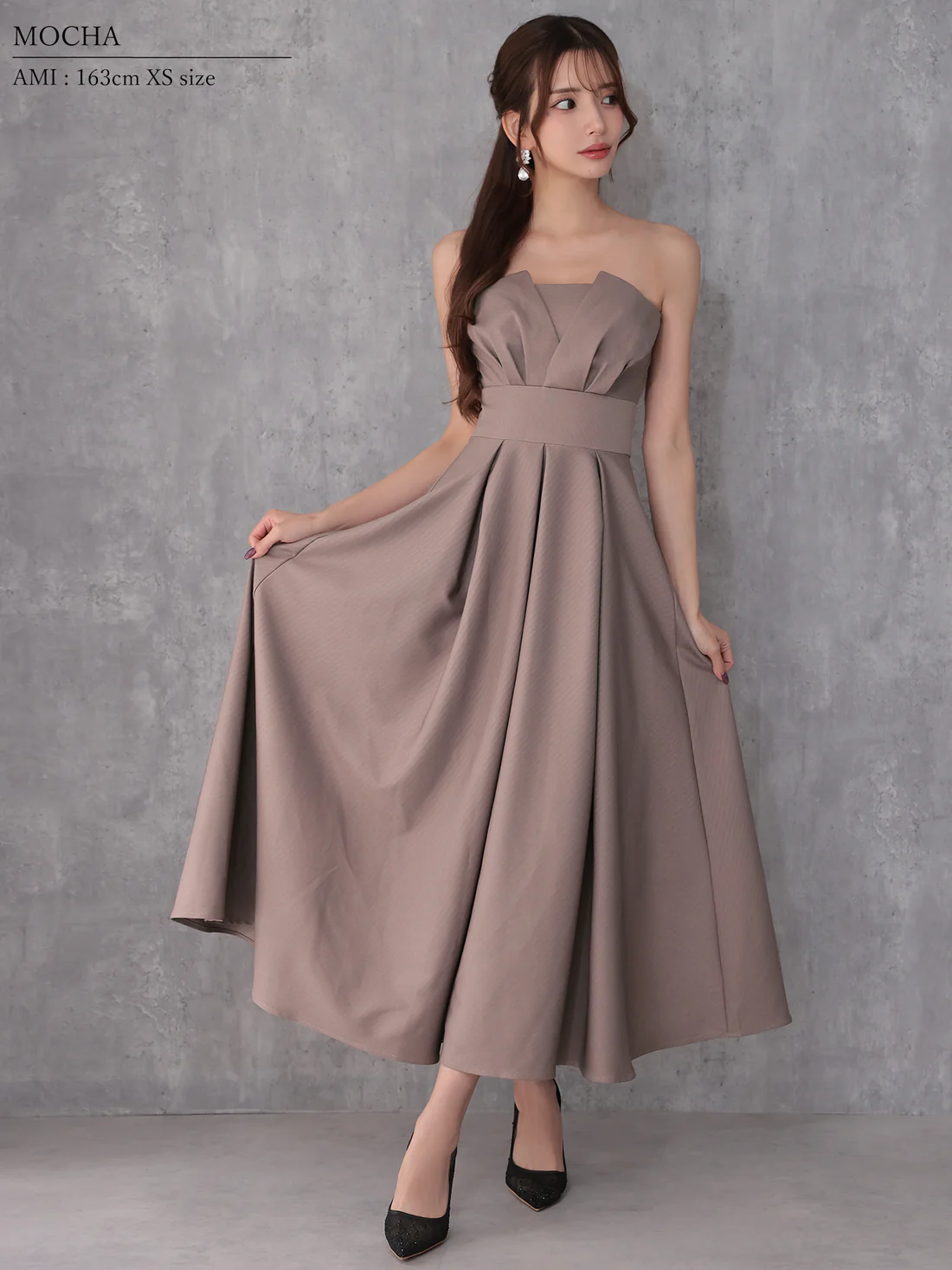2way ベアトップ キャミソール バストタック ウエストマーク プリーツ エレガント ワンカラー Aラインロングドレスのイメージ画像1