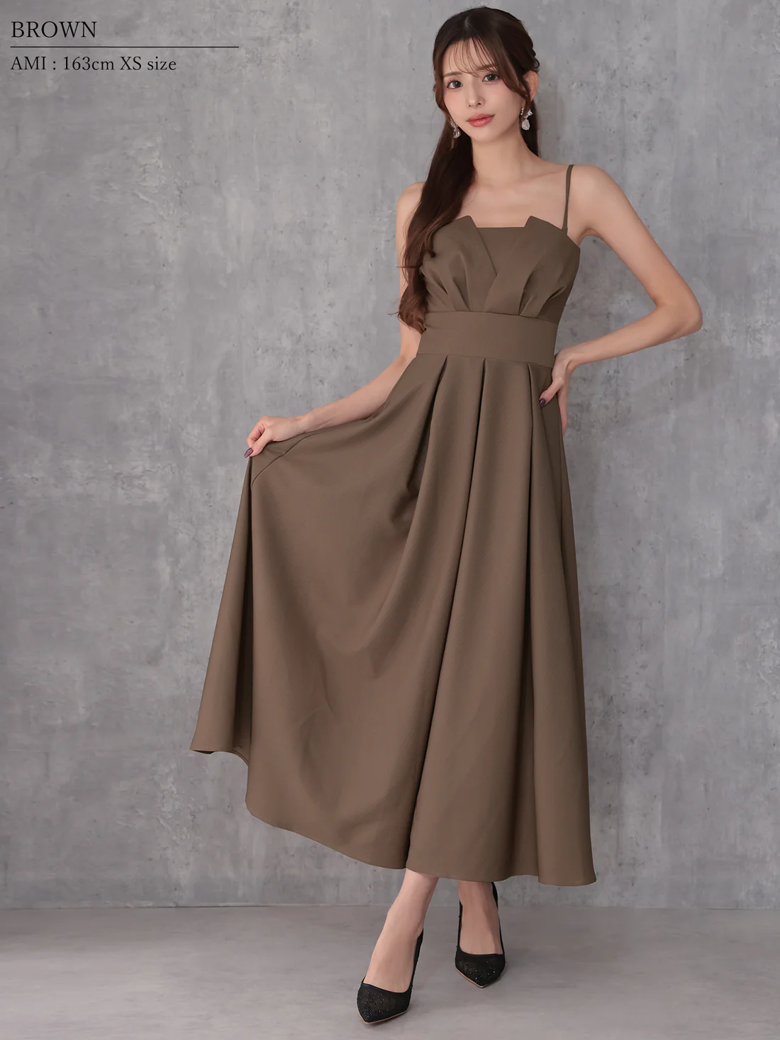 2way ベアトップ キャミソール バストタック ウエストマーク プリーツ エレガント ワンカラー Aラインロングドレスのイメージ画像6