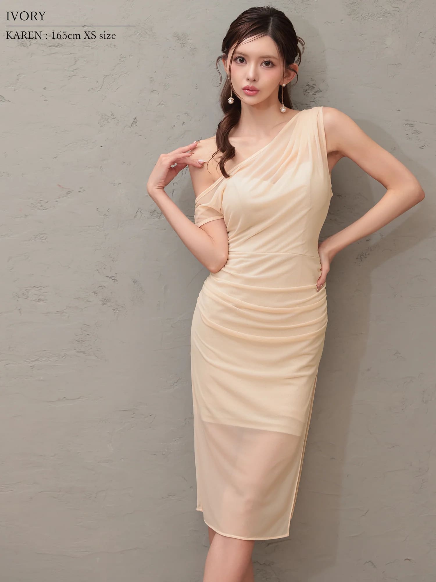 ワンショルダー シアー メッシュ スリット タイト 膝丈ドレスのイメージ画像2