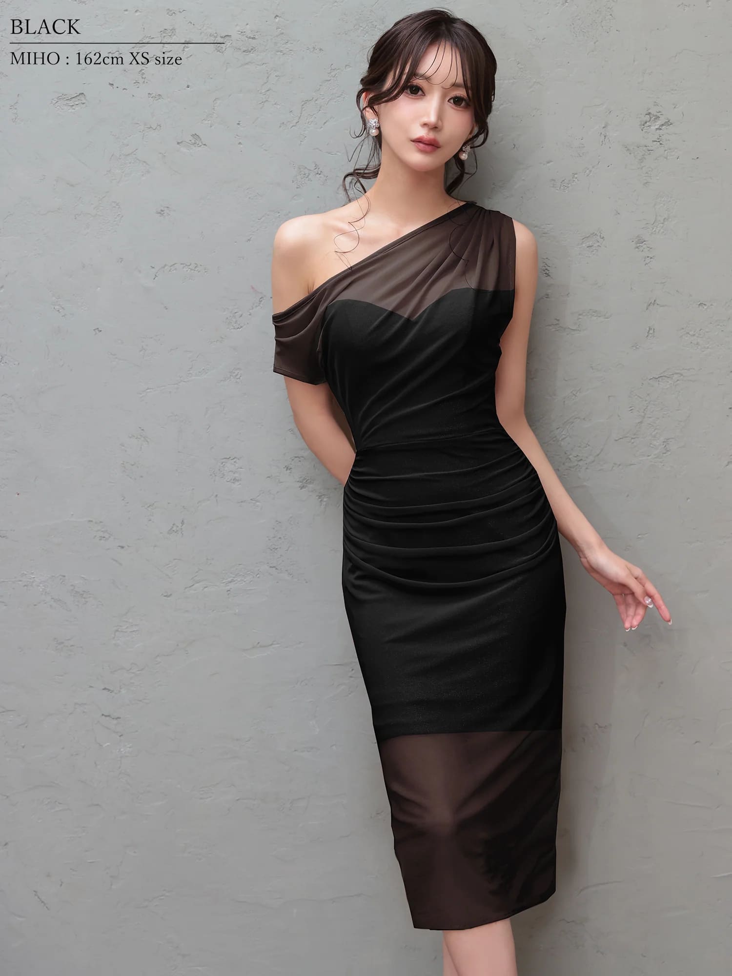 ワンショルダー シアー メッシュ スリット タイト 膝丈ドレスのイメージ画像7