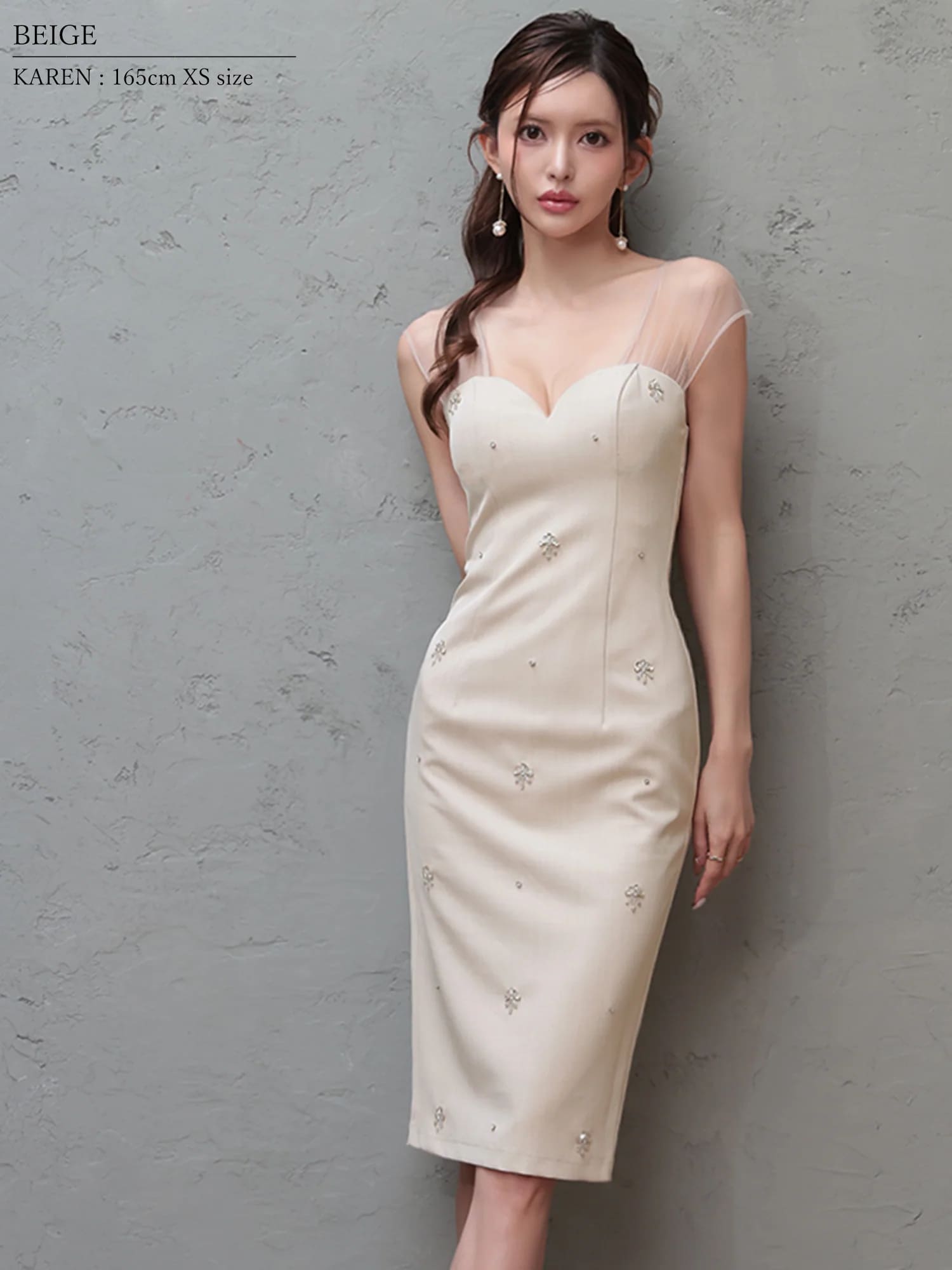 ノースリーブ シアー ハートカット ビジュー 膝丈ドレスのイメージ画像4