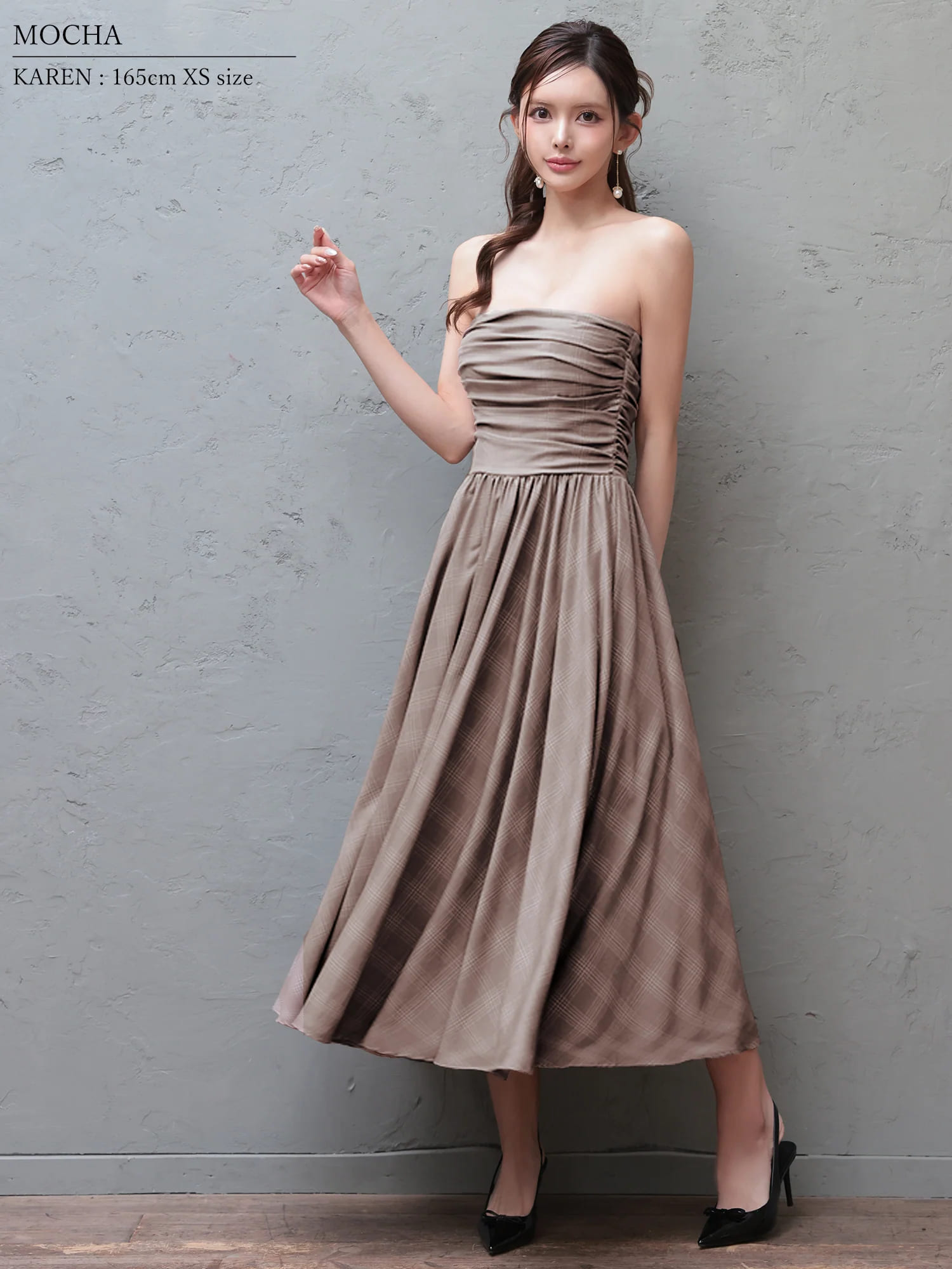 2way ベアトップ キャミソール ギャザー チェック柄 フレア 膝丈ドレスのイメージ画像1