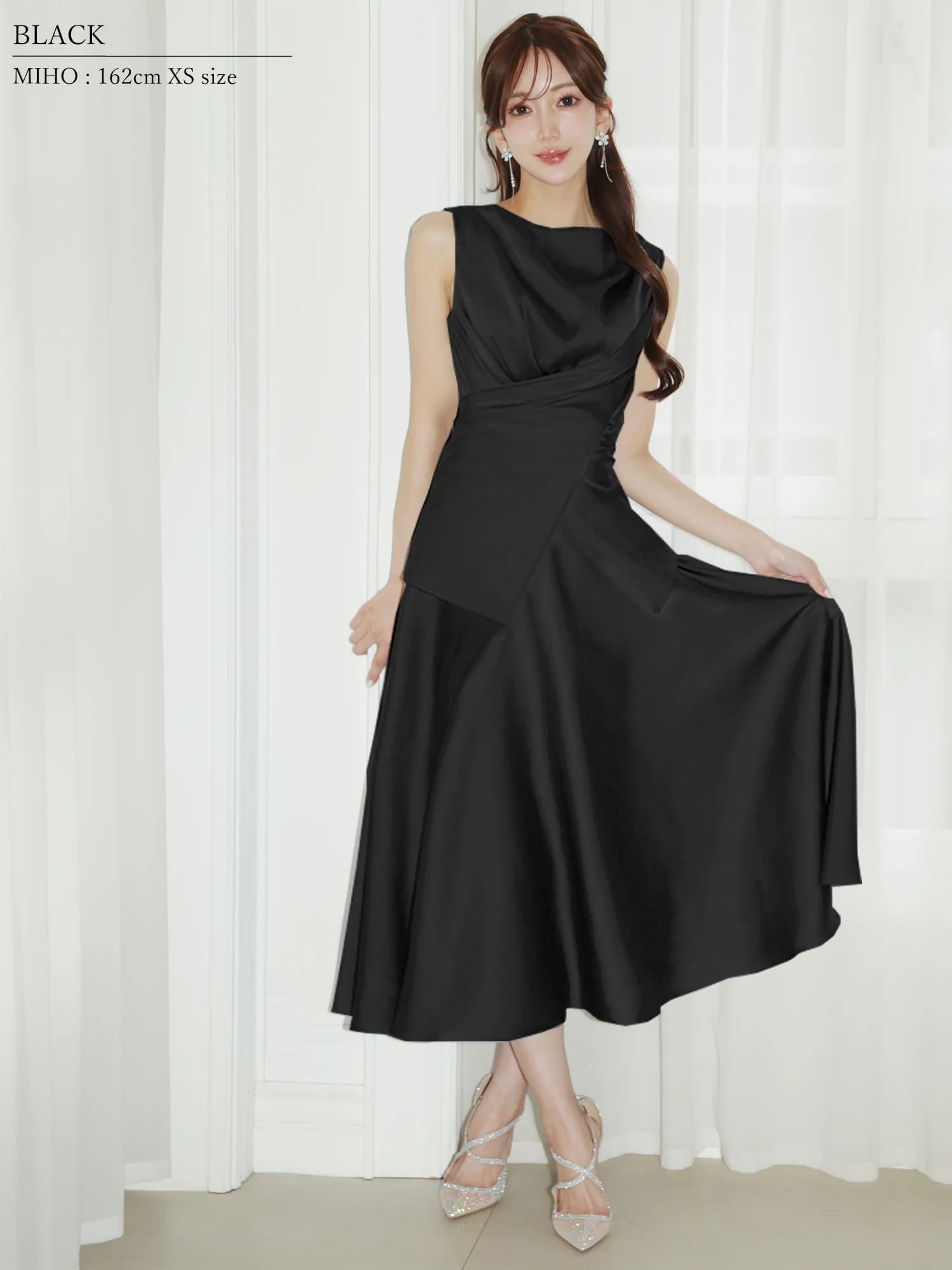 ノースリーブ ドレープ ウエストクロスデザイン バックリボン セットアップ フレア 膝丈ドレスのイメージ画像5