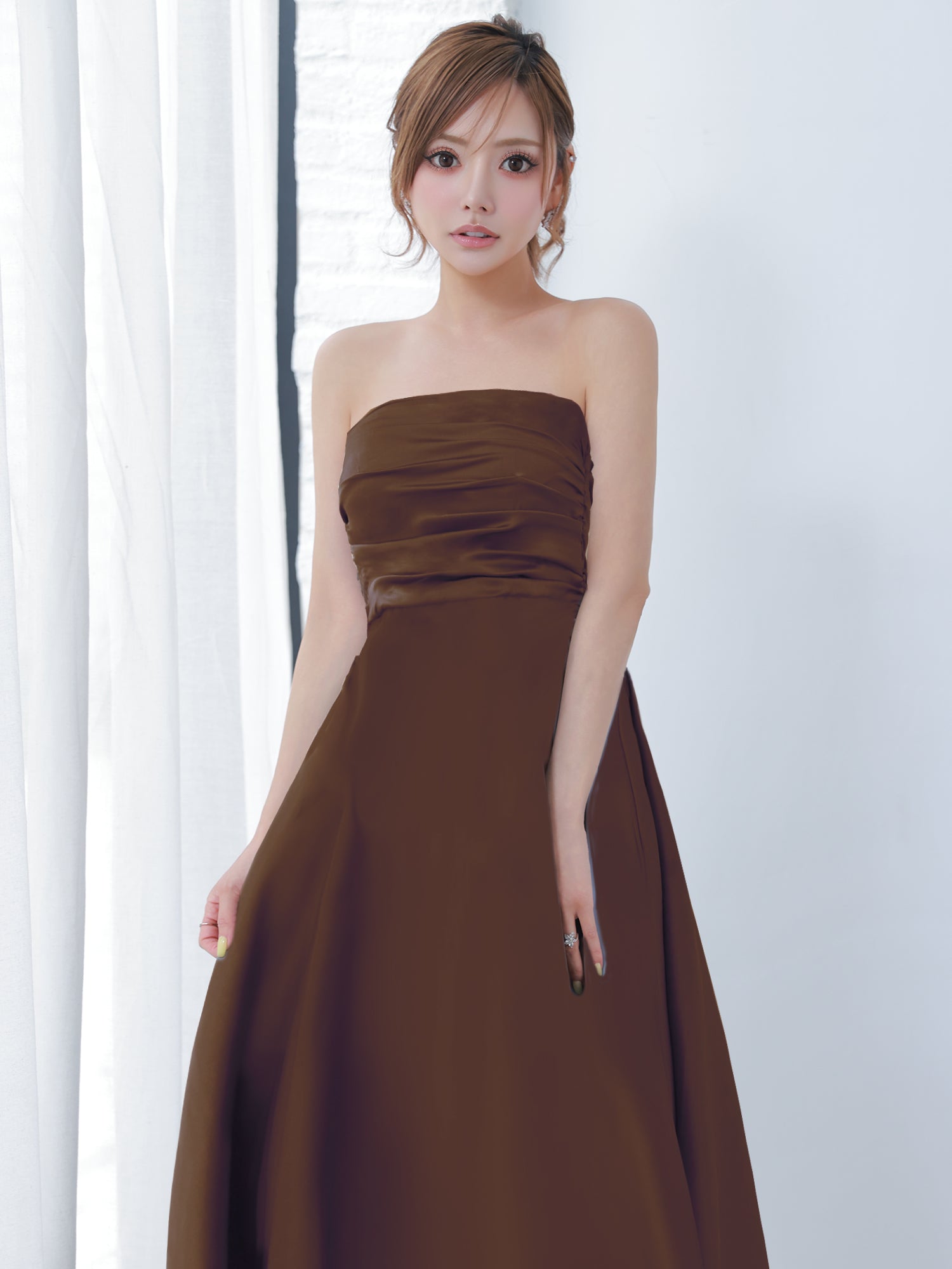 2way ベアトップ キャミソール フロントタック ワンカラー Aラインロングドレスのイメージ画像6
