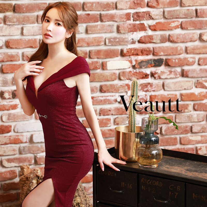 【Veautt/ヴュート】Vショルダー デザイン ウエストチャーム タイト ミディアムドレスのメイン画像1