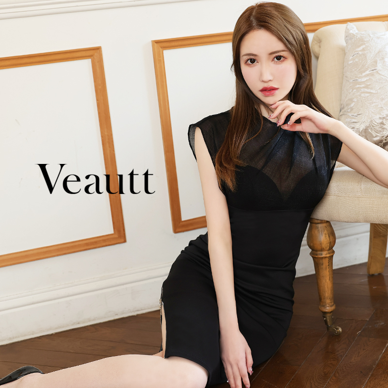 【Veautt/ヴュート】ショルダータック シースルー ジップスリット ワンカラー タイトひざ丈ドレスのメイン画像1