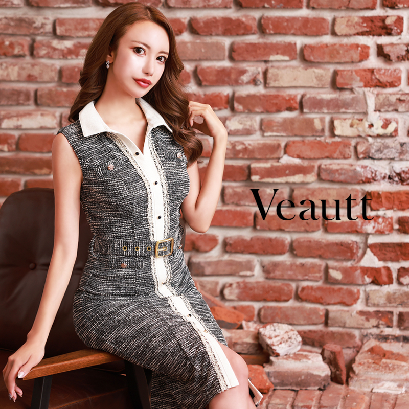 【Veautt/ヴュート】カラー フロントボタン ベルト チェック ツイード ノースリーブ タイト ミディアムドレスのメイン画像1