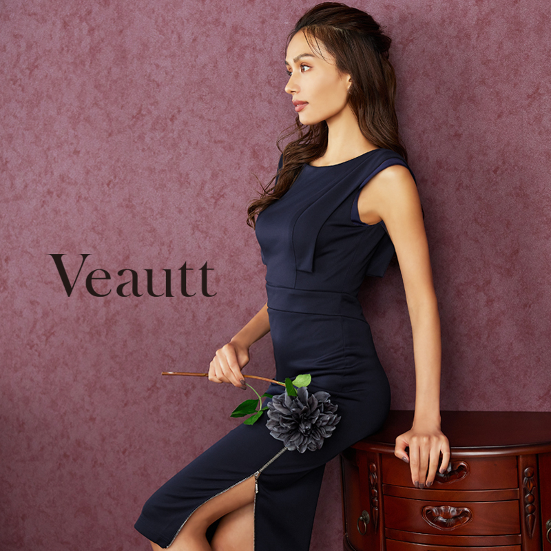 【Veautt/ヴュート】ショルダースリットファスナービジューノースリーブひざ丈ドレスのメイン画像
