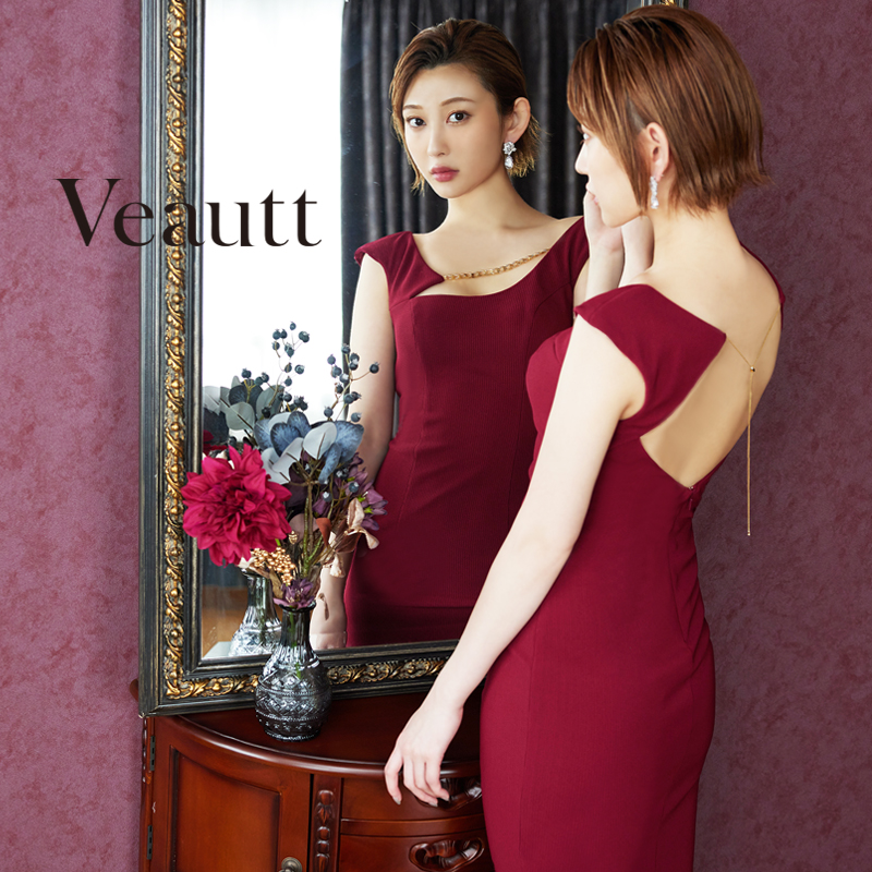 【Veautt/ヴュート】アシンメトリーカッティングデコルテチェーンノースリーブひざ丈ドレスのメイン画像