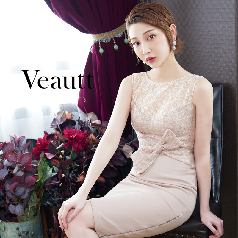 【Veautt/ヴュート】アッパーフラワーレースツイードノースリーブリボンタイトひざ丈ドレスのメイン画像