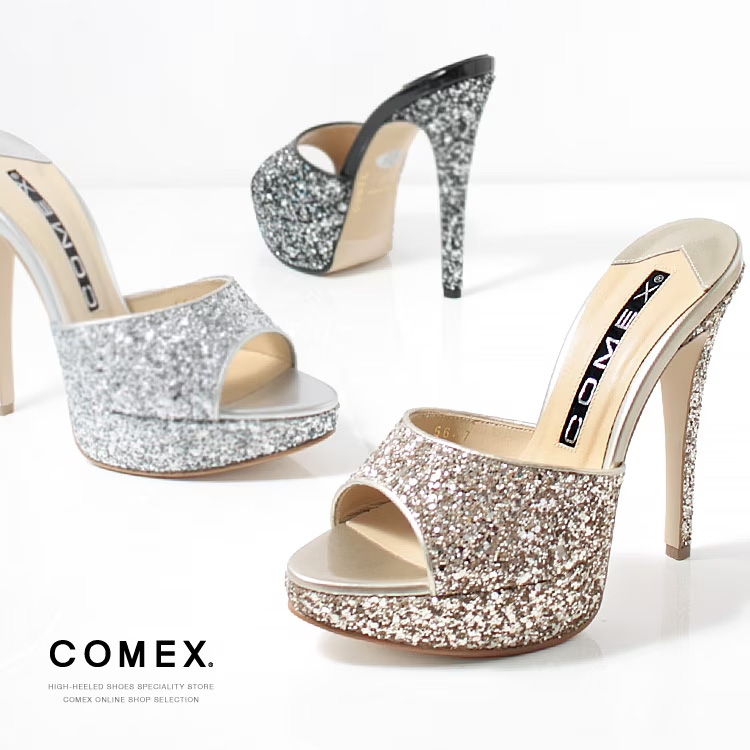 COMEX[コメックス]グリッター ラメ ハイヒール オープントゥ ミュール サンダルのメイン画像