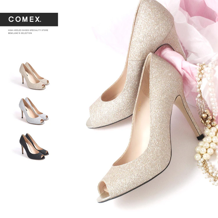 COMEX[コメックス]ラメ ピンヒール オープンドトゥ パンプスのメイン画像