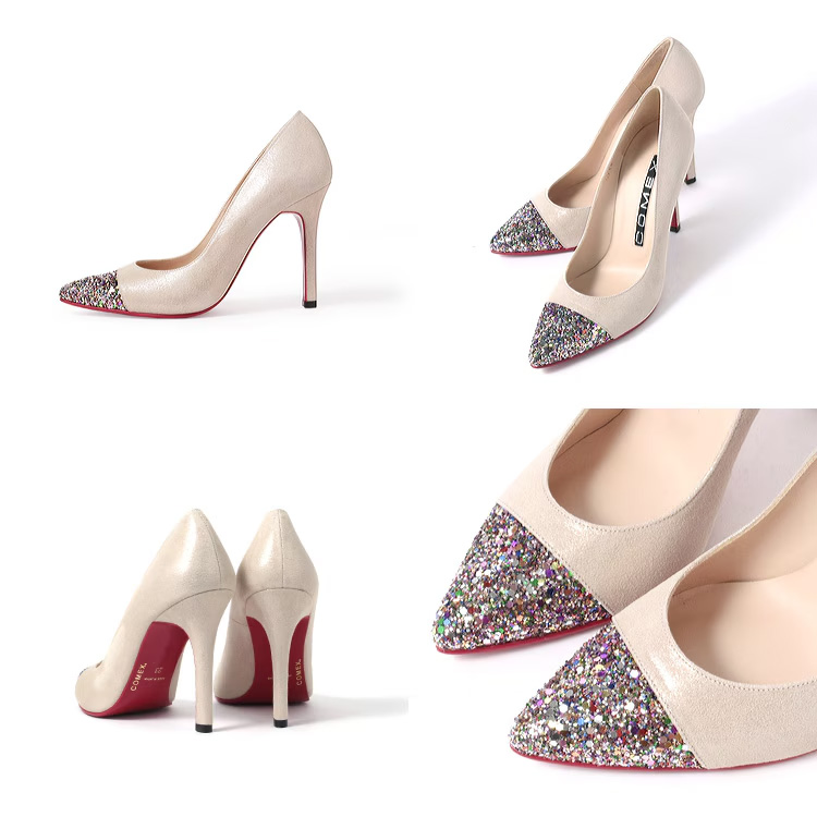 キャバヒール アーモンドトゥ ピンヒール つま先ラメ パンプス ハイヒールのイメージ画像2