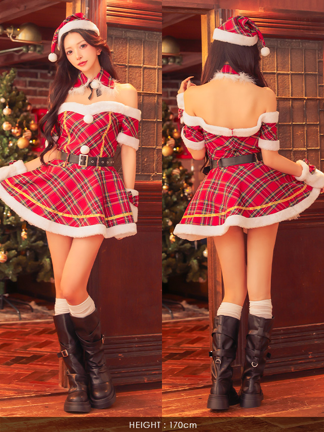 サンタコスプレ 衣装5点セット タータンチェック 半袖オフショル フレアスカートサンタコスのフロントバック全身
