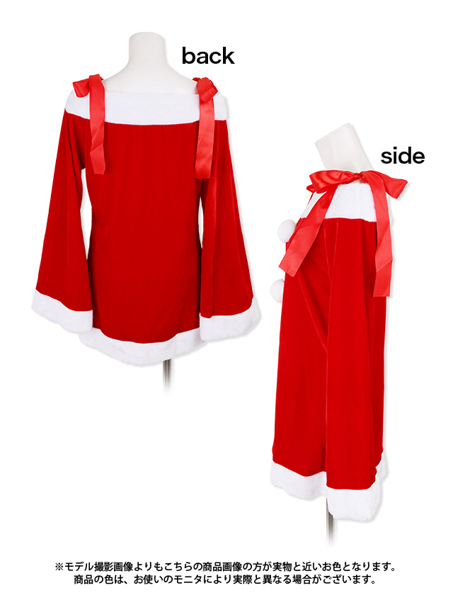 サンタコスプレ 衣装3点セット　肩だしリボン 長袖 萌え袖デザイン オフショルダー ワンピース サンタコス の商品画像