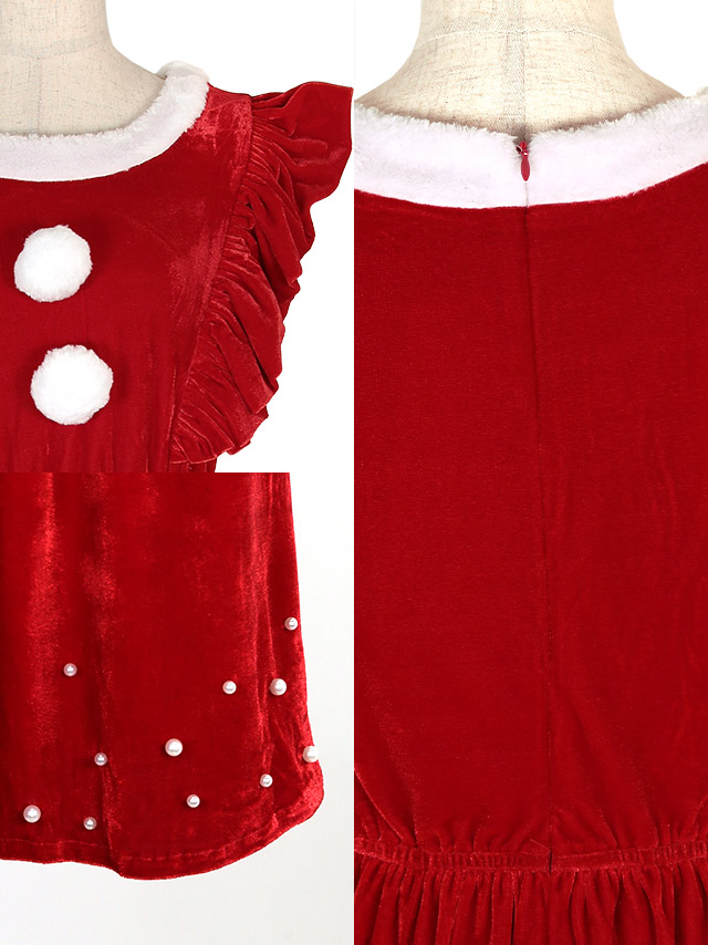サンタコスプレ 衣装2点セット フリルノースリーブ フレア ワンピース 王道 サンタコスの商品画像