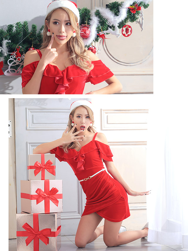 サンタコスプレ 衣装3点セット フリルオフショル タックスカート サンタコスドレスのイメージ画像2