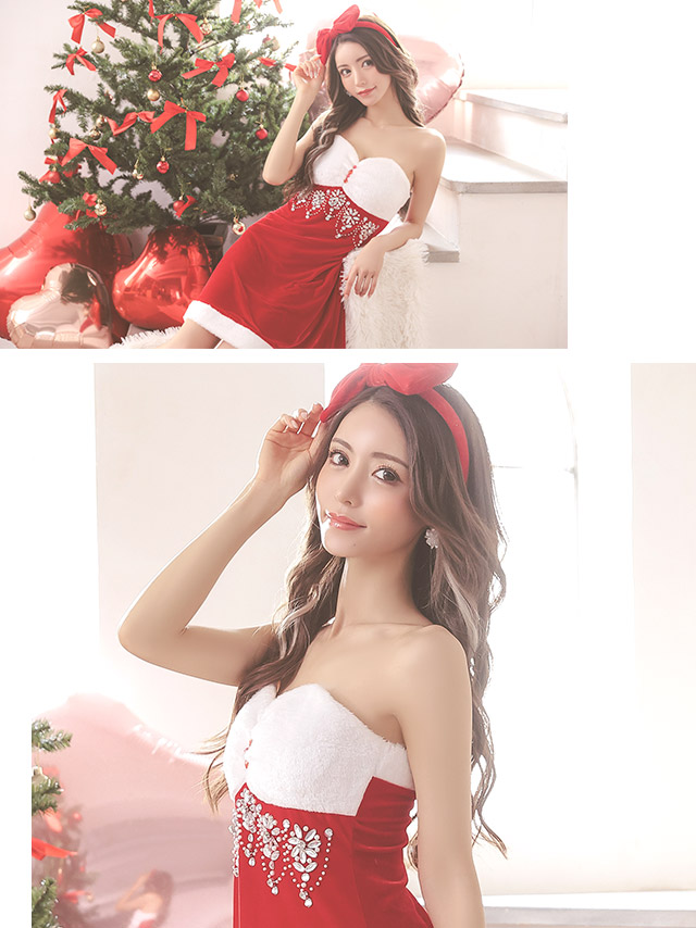 サンタコスプレ 衣装3点セット　ゴージャス ビジュー ベアトップ フレア サンタコスドレスのイメージ画像2