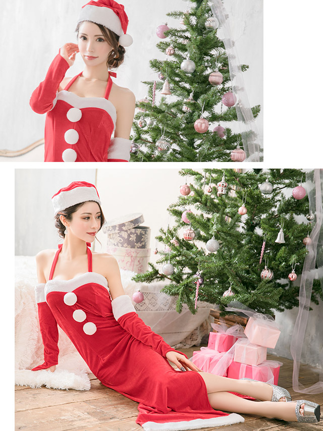 サンタコスプレ 衣装3点セット ホルターネック タイトスリット入り ロング サンタコスドレスのイメージ画像2