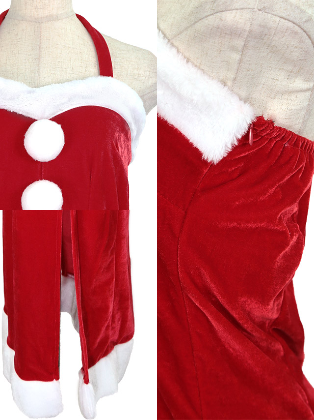 サンタコスプレ 衣装3点セット ホルターネック タイトスリット入り ロング サンタコスドレスの商品画像