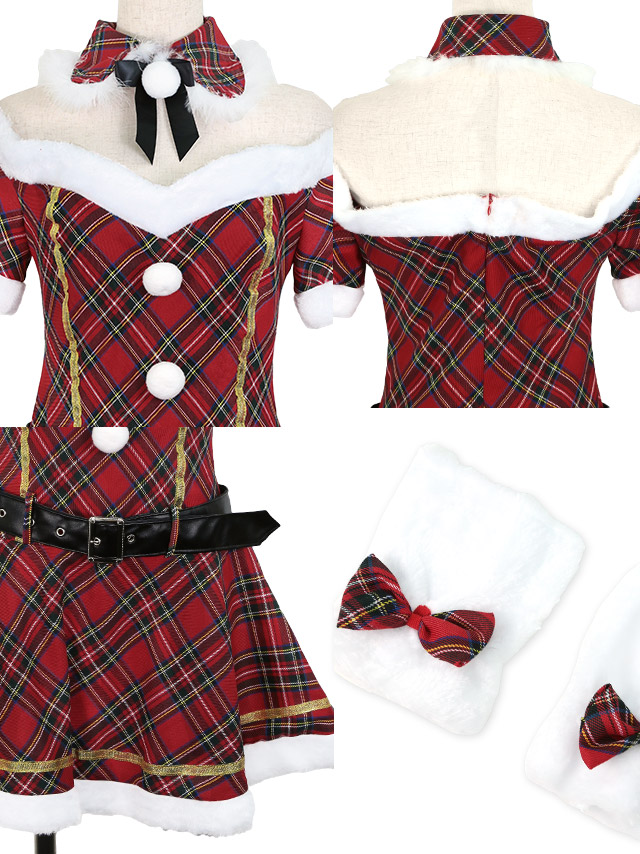 サンタコスプレ 衣装5点セット タータンチェック 半袖オフショル フレアスカートサンタコスの商品画像