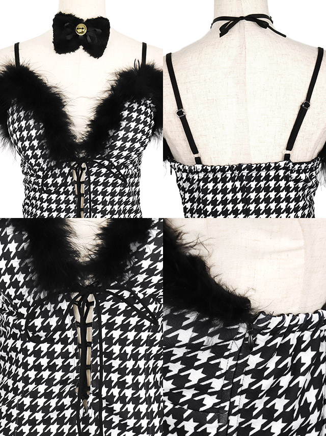 オコスプレ セクシー 猫 千鳥格子 編み上げ ふわふわ フェザー ペア アニマル 衣装5点セットの商品画像