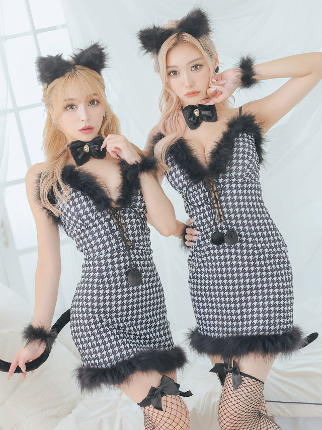 オコスプレ セクシー 猫 千鳥格子 編み上げ ふわふわ フェザー ペア アニマル 衣装5点セットのイメージ画像2