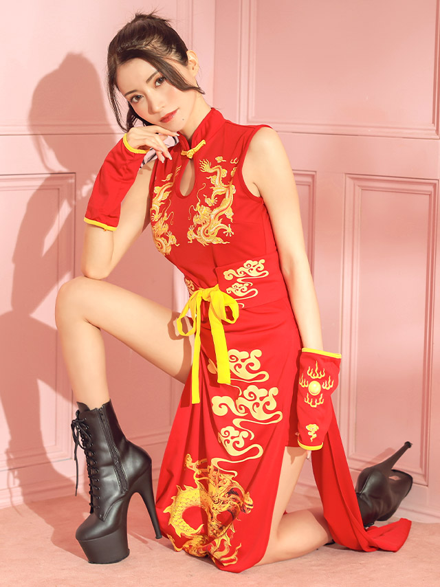 カンフードラゴン刺繍選べる羽織り&ワンピースデザインセクシーチャイナドレスのイメージ画像1