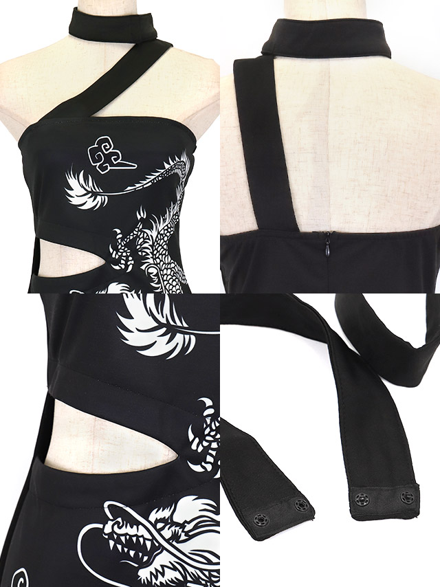 コスプレ ドラゴン プリント ブラック チャイナ ドレス ロング丈 セクシー カットアウト デザイン 衣装1点セットの商品画像