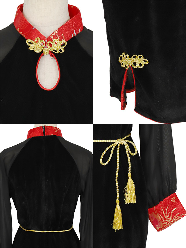 コスプレ 長袖 シアー スリット ブラック チャイナ コスプレ衣装 3点セットの商品画像