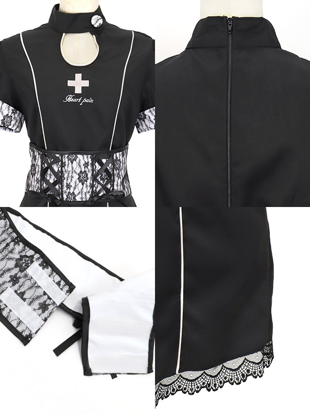 コスプレ ブラック セクシー ナース フラワー レース デザイン 衣装3点セットの商品画像
