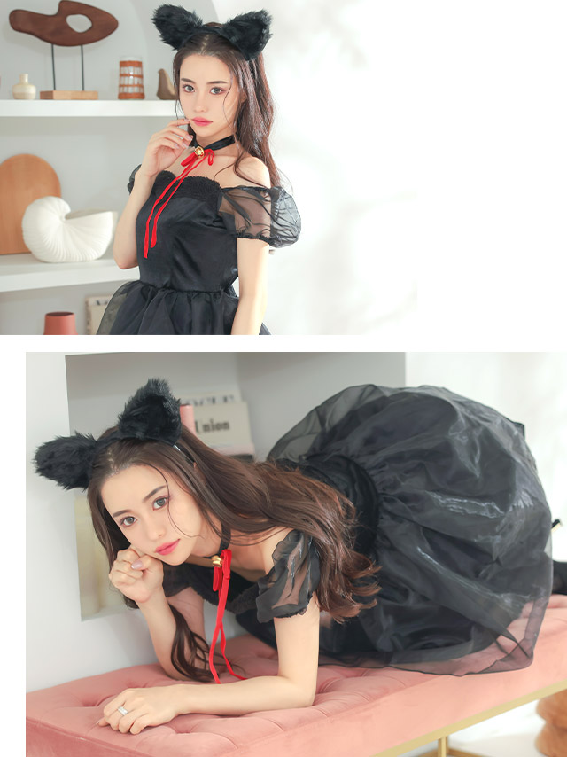 袖付き フレアスカート オフショルダー 黒猫 アニマルのイメージ画像2