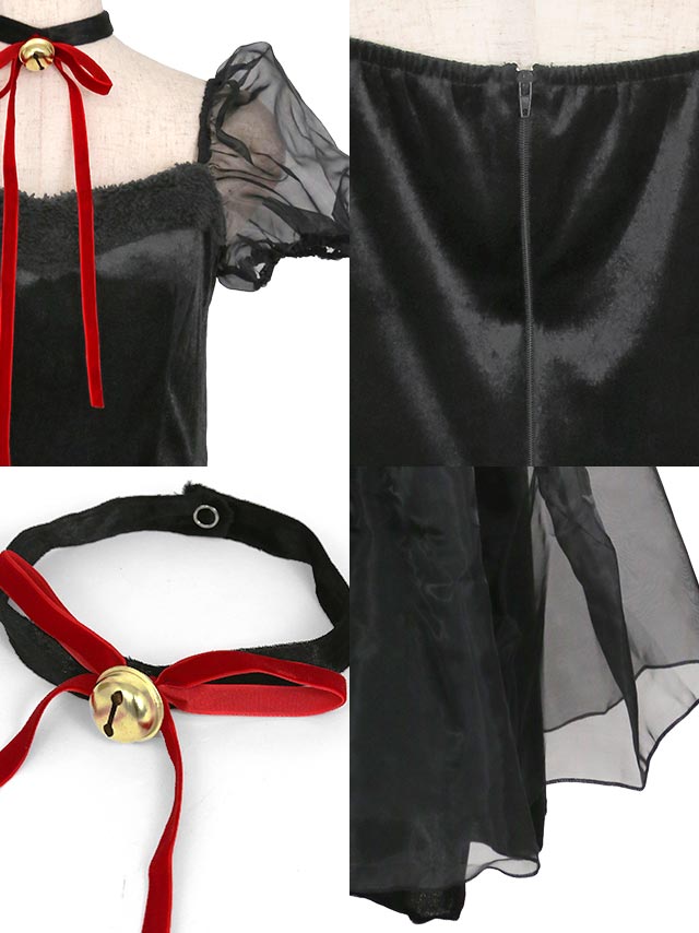 袖付き フレアスカート オフショルダー 黒猫 アニマルのイメージ画像4