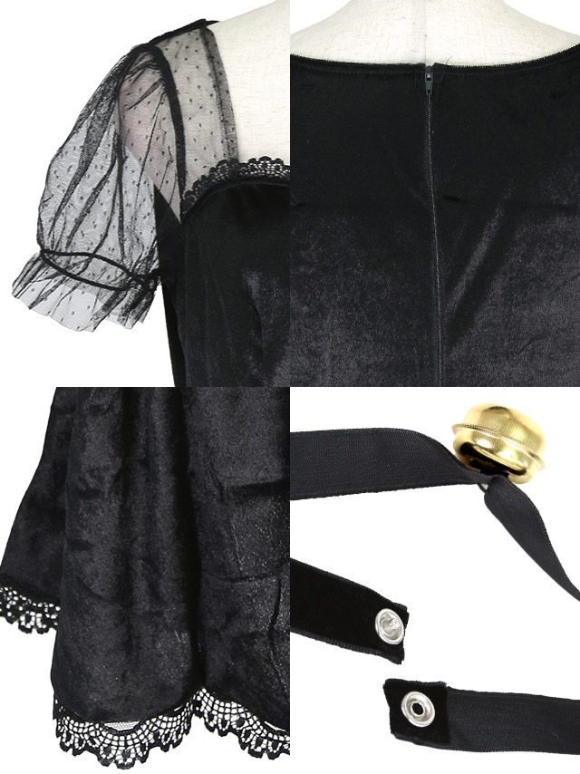 袖あり ブラック ベロア フレアスカート 猫 アニマルのイメージ画像4