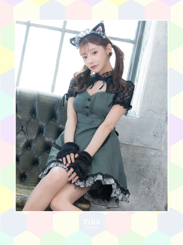 コスプレ クラシック メイド 猫 体型カバー フレア スカート ガーリー アニマル 衣装4点セットのイメージ画像1