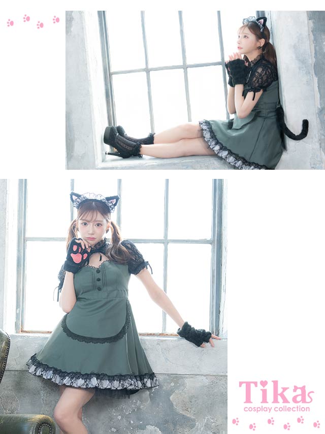 コスプレ クラシック メイド 猫 体型カバー フレア スカート ガーリー アニマル 衣装4点セットのイメージ画像2