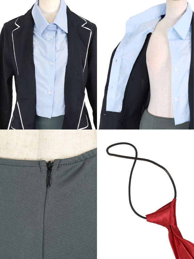 コスプレ スクール ブレザー 袖あり 紺ブレ タイ トスカート パイピング ペア 衣装3点セットの商品画像