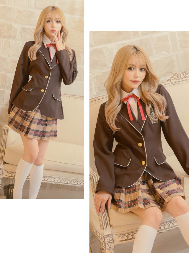  コスプレ 制服 スクール ブレザー 袖あり フレア スカート ペア チェック 衣装3点セットのイメージ画像4