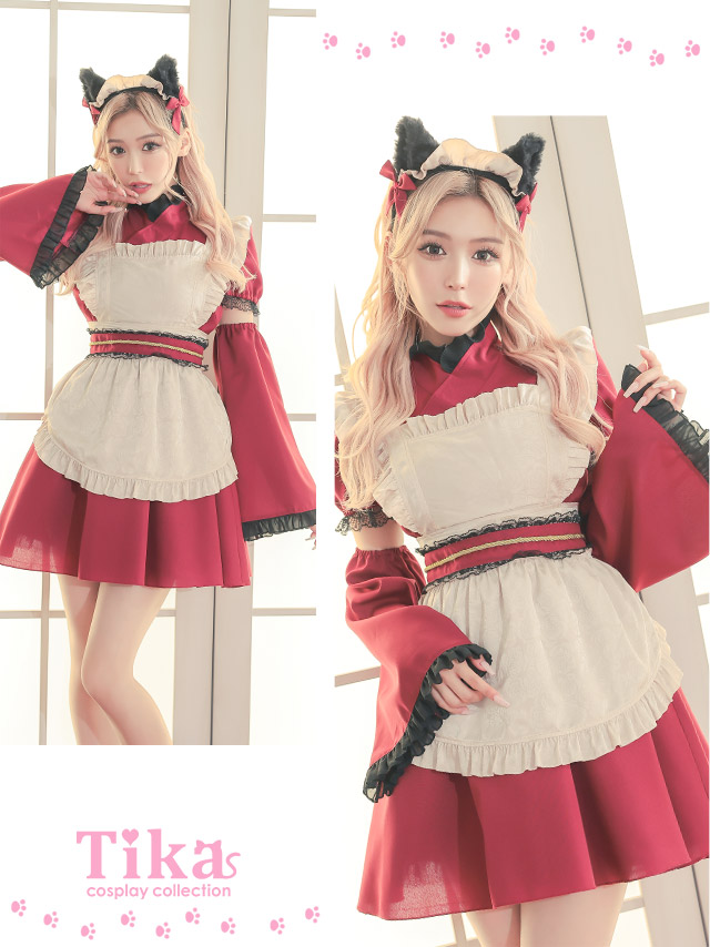 コスプレ 洋館 メイド 猫 アニマル 袖あり フレアスカート 体型カバー 衣装6点セットのイメージ画像2