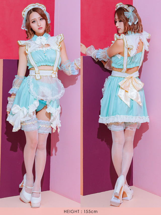 コスプレ ロリータ風 セクシー リボン へそ出し ガーリー メイド 衣装10点セットのフロントバック全身