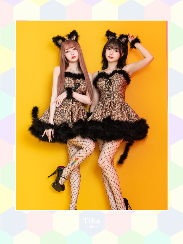コスプレ アシメ チュール 猫 キャット レースアップ 体型カバー ペア アニマル 衣装4点セットのイメージ画像1