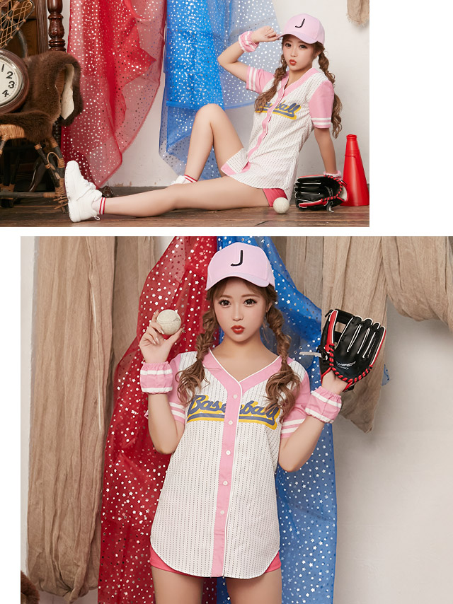 ストライプ ピンク 野球 ユニフォーム 衣装3点セットのイメージ画像2