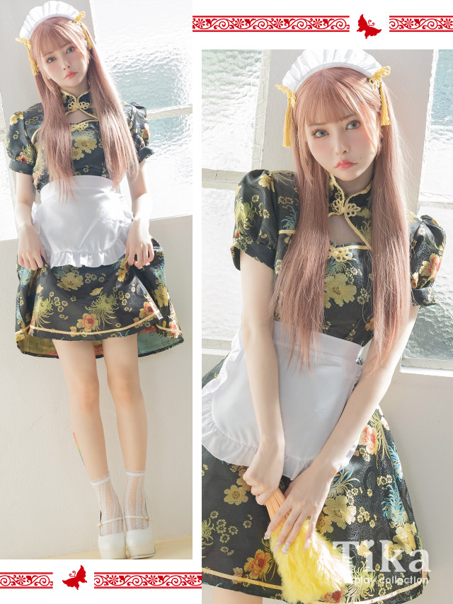 コスプレ メイド チャイナ ドレス フレア スカート 体型カバー ガーリー ペア 衣装3点セットのイメージ画像4