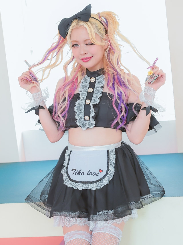 コスプレ ロリータ風 レースフリル 肩出し ビッグリボン へそ出し ラブリー フレアスカート セクシー メイド 衣装5点セットのイメージ画像3