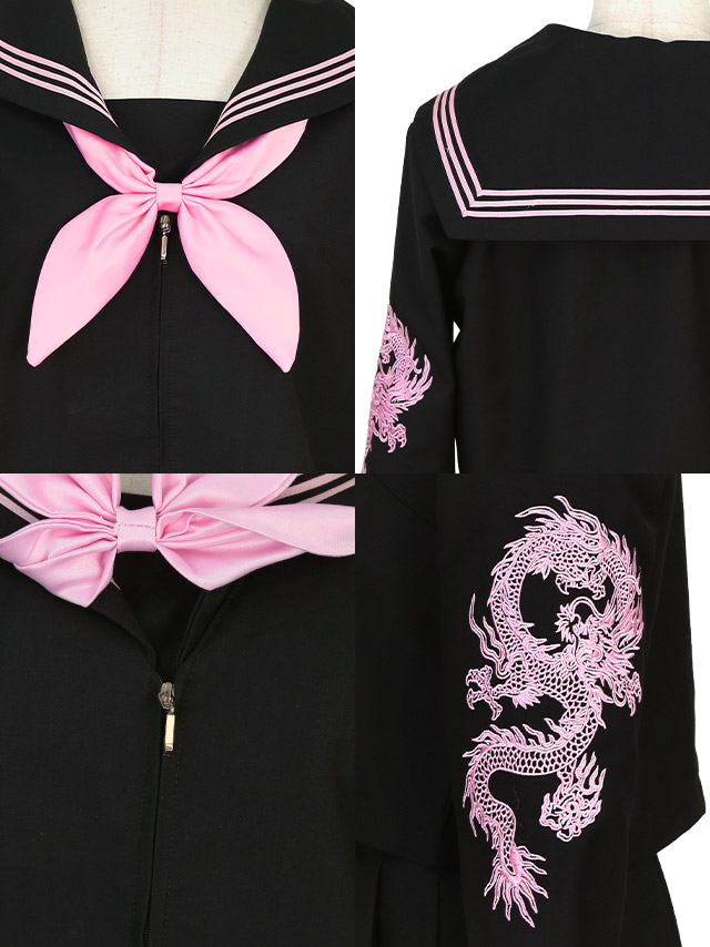 コスプレ 龍刺繍 プリーツミニスカート 体型カバー 袖あり セーラー服 衣装4点セットのディテール画像1