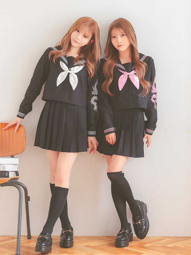 コスプレ 龍刺繍 プリーツミニスカート 体型カバー 袖あり セーラー服 衣装4点セットのイメージ画像4
