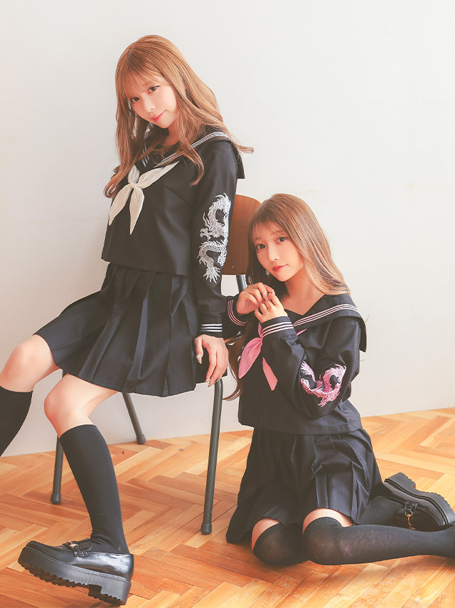 コスプレ 龍刺繍 プリーツミニスカート 体型カバー 袖あり セーラー服 衣装4点セットのイメージ画像5