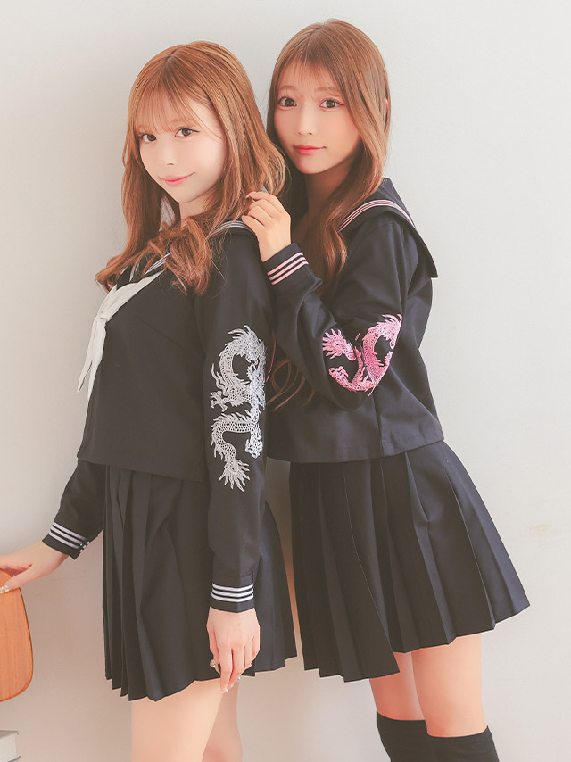 コスプレ 龍刺繍 プリーツミニスカート 体型カバー 袖あり セーラー服 衣装4点セットのイメージ画像6